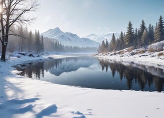 Snow-covered landscape with a frozen lake in winter , cold weather, serene landscape, frosty air