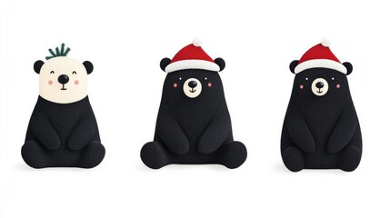 Fototapeta premium Three cute bear figures, one with a green tuft and two wearing Santa hats.