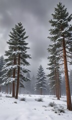 Fototapeta premium Snow-covered pine trees against a grey winter sky, winter landscape, frozen pine