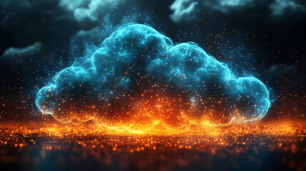 Cloud analytics concept visualized through an abstract 3D design with interconnected digital elements symbolizing data flow, processing, and cloud computing innovation in a futuristic tech landscape