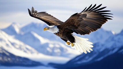 A majestic eagle soaring against a backdrop of snowy mountains.