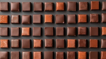 Rows of assorted square chocolates displayed on dark surface