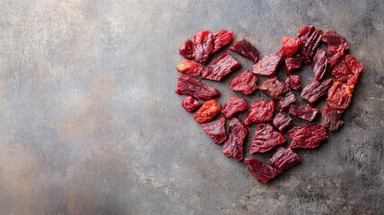 Heart-shaped jerky arrangement on rustic surface, highlighting love for dried meat