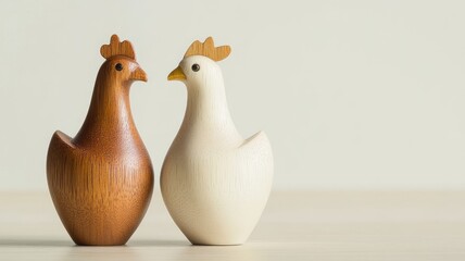Two wooden chicken figures, one brown and white, on smooth surface