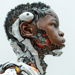 Fototapeta premium African boy side view with his head up look to the sky part of his body robotic