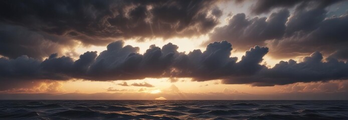 Fototapeta premium Stormy clouds shrouding the sun as it dips below the horizon, turbulent air, cloud cover