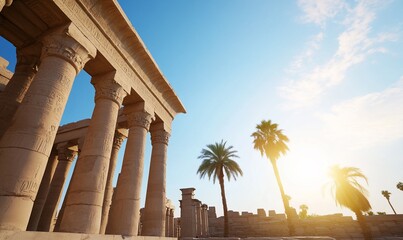 Obraz premium Ancient temple ruins under a clear sky with palm trees.
