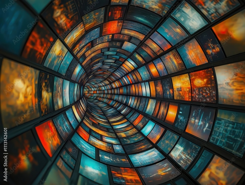 Poster tunnel filled with many screens displaying various images. media stream flowing through tunnel. visu