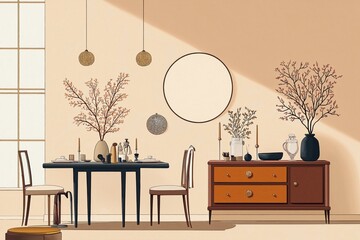 Elegant dining room interior shows table with chairs commode, decorations. Beige walls, warm lighting create cozy atmosphere. Personal accessories suggest stylish home decor. Perfect template for