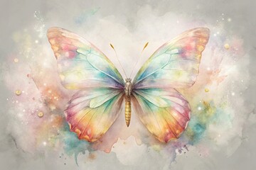 Watercolor-inspired butterfly design with soft pastel colors and delicate brushstrokes on a light gray background, watercolor butterflies, gentle hues, pastel colors
