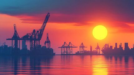 Obraz premium Vibrant sunset over a busy industrial port with large cranes and cargo ships at the dock.