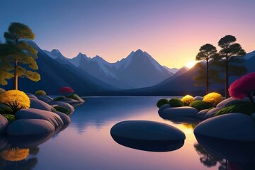 Beautiful and Peaceful Nature Scenery Illustration Landscape Countryside Tranquil Vibrant and Colorful
