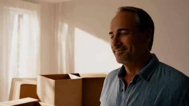 A White man smiles while standing in a bright room with unpacked boxes, enjoying the start of a new chapter