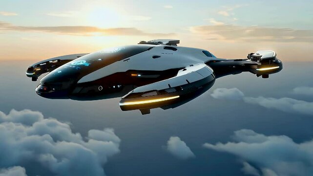 Futuristic flying vehicle soaring above clouds at sunset, showcasing sleek design and advanced technology for innovative transportation solutions.