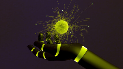 Robot hand grasps glowing energy orb of AI