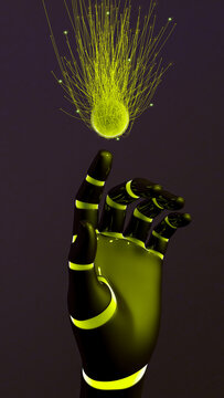 Robot hand grasps glowing energy orb of AI