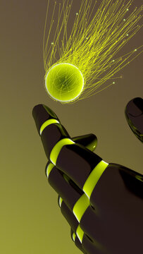 Robot hand grasps glowing energy orb of AI