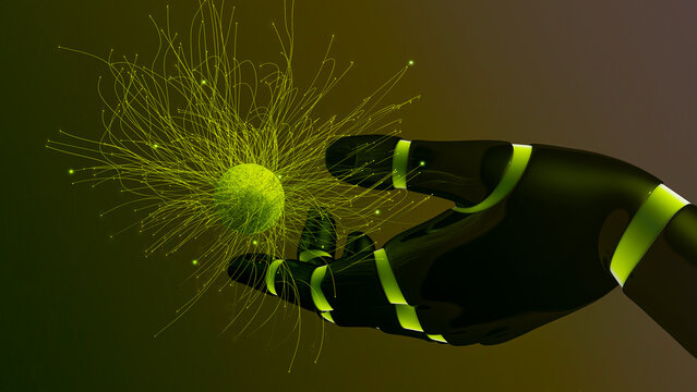 Robot hand grasps glowing energy orb of AI