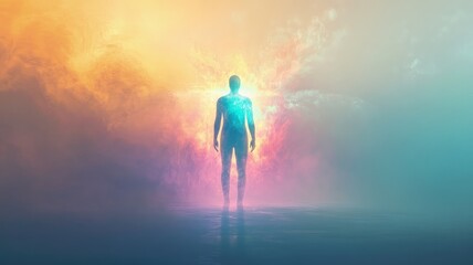 Fototapeta premium A luminous figure stands amidst a vibrant, ethereal background of colors and light.