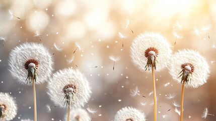 Obraz premium soft, airy dandelion fluff floating gently in the breeze, symbolizing purity, freedom, and the beauty of nature, creating a serene, minimalist aesthetic perfect for a calming atmosphere
