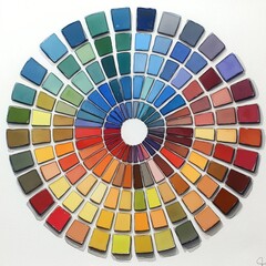 Obraz premium Colorful color wheel illustration shows various shades, hues arranged in circular pattern. Art supplies palette displayed. Visual representation of color theory. Watercolor paint stashes in different