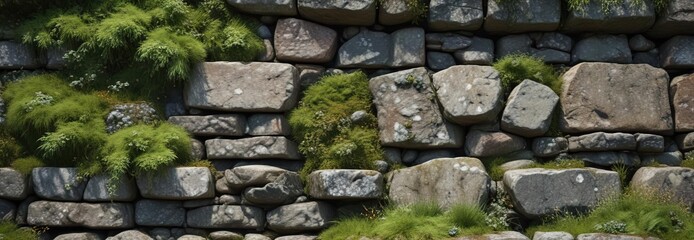 Weathered cobblestone wall with moss and lichen growth, worn, old
