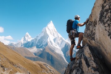 Obraz premium Climber scaling a rocky peak with majestic mountains in the background.