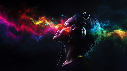 Fototapeta premium Woman enjoying vibrant music, colorful smoke emanating from headphones.