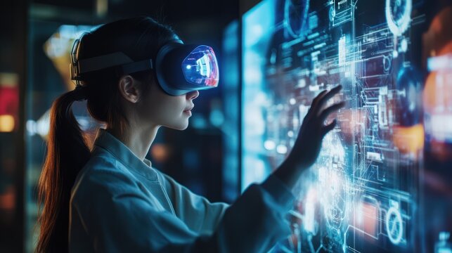 Woman wearing VR headset interacting with holographic display.