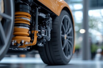 Fototapeta premium Close-up of a car's suspension and wheel assembly.