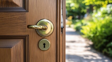 Open wooden door revealing a garden path.