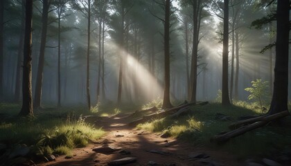 A beam of light illuminates a clearing in the woods, forest floor, clearing