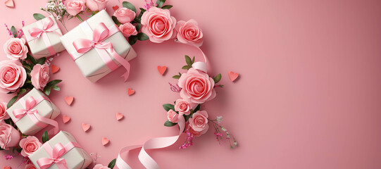 heart shaped ribbon with gift box and rose flower on pink background 13