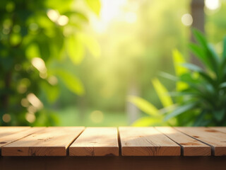 Empty wood table top on blur abstract green from garden and home area background