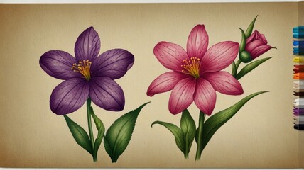 Two stylized flowers, purple and pink, with green leaves, on vintage paper background.