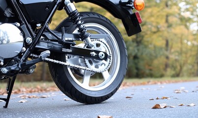Close-up of a motorcycle wheel on a road with autumn leaves.