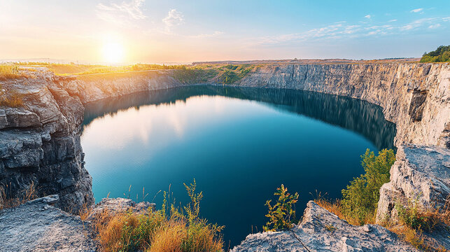 open-pit mine with water pools, revealing vibrant mineral layers and massive scale. A visual metaphor for industrial impact, environmental transformation, and natural resource extraction
