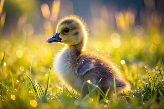 Cute fluffy gosling sitting in dewy morning grass, backlit by golden sunlight.