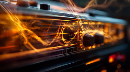 Vintage car stereo with fiery energy effect.