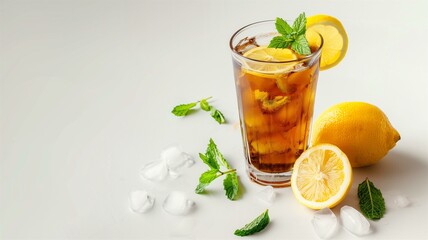 Fototapeta premium Photorealistic and intricately detailed image of a refreshing iced tea with lemon 