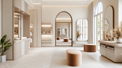 Chic Dressing Room with Velvet Seating and Large Mirror