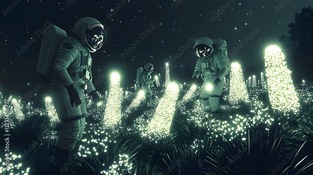 Poster a symmetrical perspective of astronauts placing markers around a glowing alien field arranged in fra