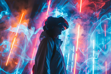 Obraz premium A person wearing a VR headset stands against a backdrop of colorful lights and smoke.