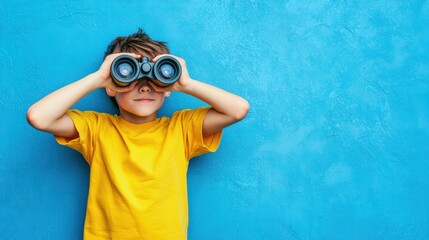 Boy in a yellow shirt with binoculars looking on a blue background. Space for text