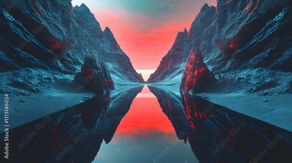 Poster a symmetrical view of astronauts climbing glowing alien rock formations arranged in parallel.