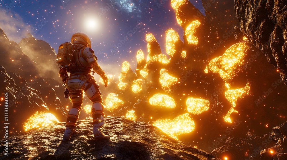 Poster A symmetrical view of astronauts climbing glowing alien rock formations arranged in parallel.