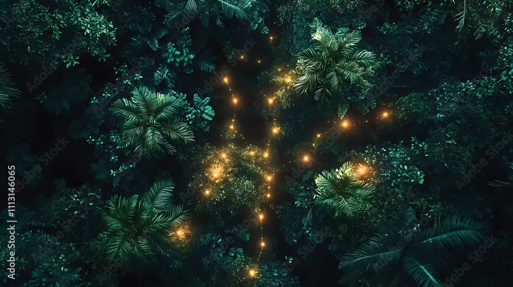 Poster Aerial perspective of astronauts navigating glowing symmetrical trails through an alien jungle.
