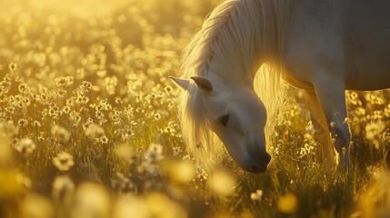 A close-up of a unicorn grazing in a sunlit meadow, its silver mane shimmering in the soft light.