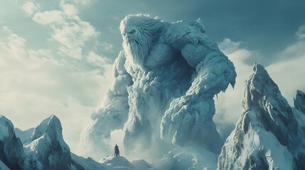 Obraz premium A candid image of a frost giant standing atop a snowy mountain, his massive figure blending into the icy landscape.