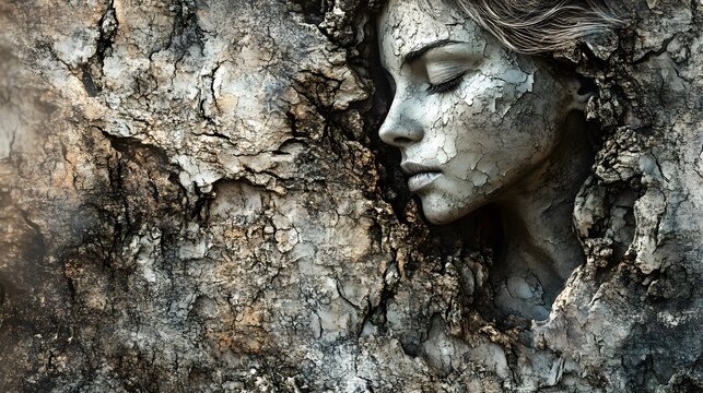 A realistic portrait of a dryad merging with the bark of an ancient tree, her face barely discernible amidst the textured surface.
